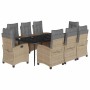 Set comedor de jardín 9 pzas con cojines ratán sintético beige