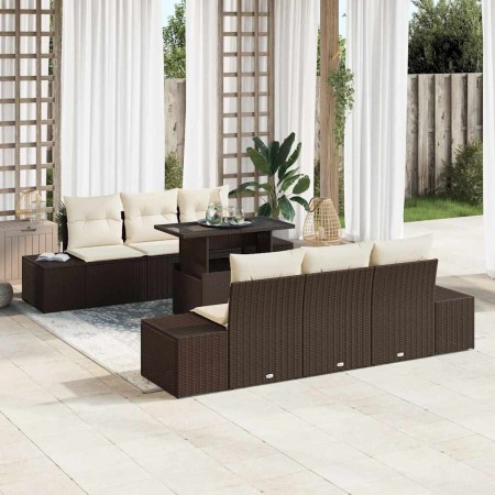 Conjunto de sofá de jardín con cojín 7 pcs Marrón y crema