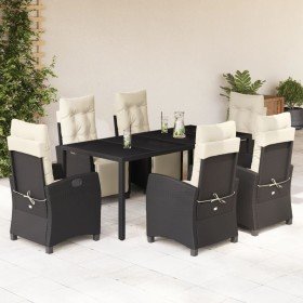 Set de comedor de jardín 7 pzas y cojines ratán sintético negro
