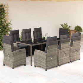 Set comedor jardín 9 pzas y cojines ratán sintético gris