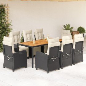 Set de comedor de jardín 9 pzas y cojines ratán sintético negro