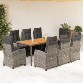 Set comedor jardín 9 pzas y cojines ratán sintético gris