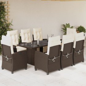 Set comedor para jardín 9 pzas y cojines ratán sintético marrón