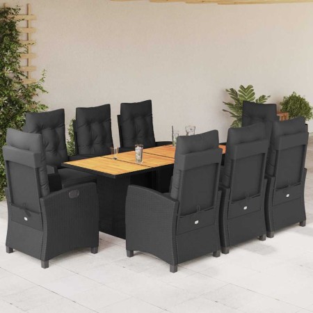 Set de comedor de jardín 9 pzas y cojines ratán sintético negro