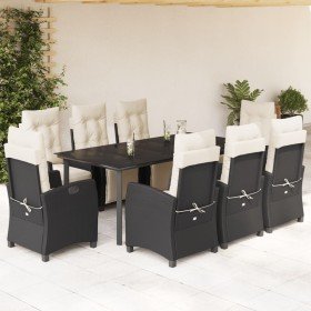 Set de comedor de jardín 9 pzas y cojines ratán sintético negro