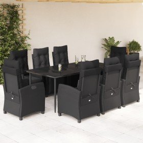 Set de comedor de jardín 9 pzas y cojines ratán sintético negro