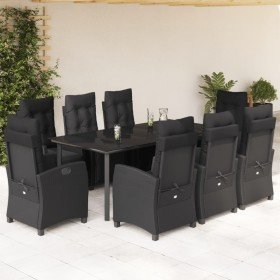 Set de comedor de jardín 9 pzas y cojines ratán sintético negro Set de comedor de jardín 9 pzas y cojines ratán sintético negro