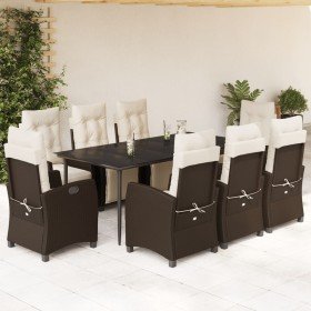 Set comedor para jardín 9 pzas y cojines ratán sintético marrón