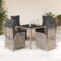 Set comedor de jardín 5 piezas con cojines ratán sintético gris