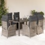 Set comedor jardín 7 pzas y cojines ratán sintético gris