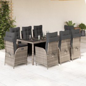 Set comedor jardín 9 pzas y cojines ratán sintético gris