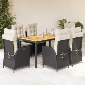 Set de comedor de jardín 7 pzas y cojines ratán sintético negro