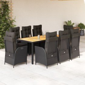 Set de comedor de jardín 9 pzas y cojines ratán sintético negro