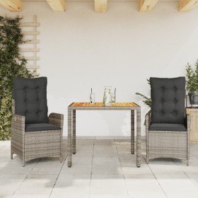 Set comedor de jardín 3 piezas con cojines ratán sintético gris