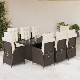 Set comedor para jardín 9 pzas y cojines ratán sintético marrón