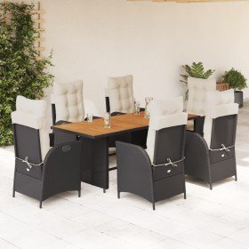 Set de comedor de jardín 7 pzas y cojines ratán sintético negro