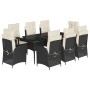 Set de comedor de jardín 9 pzas y cojines ratán sintético negro