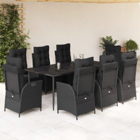 Set de comedor de jardín 9 pzas y cojines ratán sintético negro