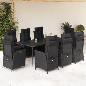 Set de comedor de jardín 9 pzas y cojines ratán sintético negro