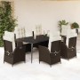 Set comedor de jardín 7 pzas con cojines ratán sintético marrón