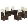Set comedor de jardín 7 pzas con cojines ratán sintético marrón