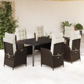 Set comedor de jardín 7 pzas con cojines ratán sintético marrón