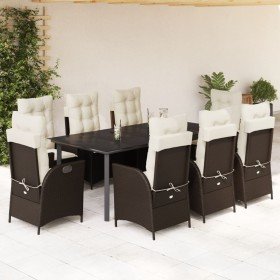 Set comedor para jardín 9 pzas y cojines ratán sintético marrón