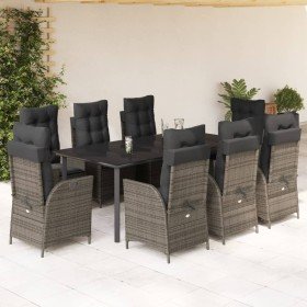 Set comedor jardín 9 pzas y cojines ratán sintético gris