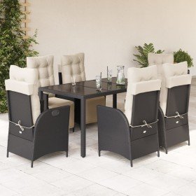Set de comedor de jardín 7 pzas y cojines ratán sintético negro