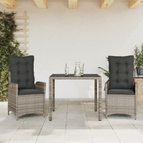 Set comedor de jardín 3 piezas con cojines ratán sintético gris
