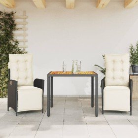 Set comedor de jardín 3 pzas con cojines ratán sintético negro