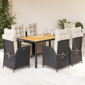 Set de comedor de jardín 7 pzas y cojines ratán sintético negro Set de comedor de jardín 7 pzas y cojines ratán sintético negro