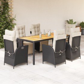 Set de comedor de jardín 7 pzas y cojines ratán sintético negro