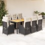 Set de comedor de jardín 9 pzas y cojines ratán sintético negro