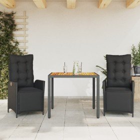 Set comedor de jardín 3 pzas con cojines ratán sintético negro