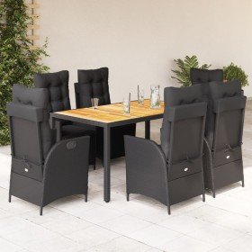 Set de comedor de jardín 7 pzas y cojines ratán sintético negro