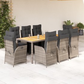 Set comedor jardín 9 pzas y cojines ratán sintético gris