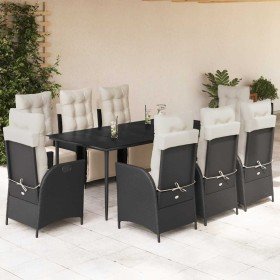 Set de comedor de jardín 9 pzas y cojines ratán sintético negro