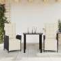Set comedor de jardín 3 pzas con cojines ratán sintético negro
