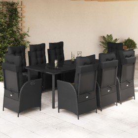 Set de comedor de jardín 9 pzas y cojines ratán sintético negro