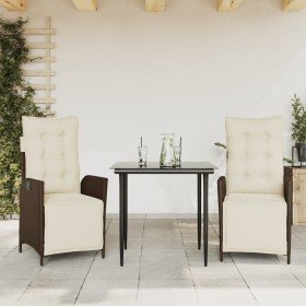 Set comedor de jardín 3 piezas y cojines ratán sintético marrón