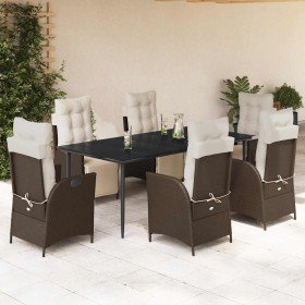 Set comedor de jardín 7 pzas con cojines ratán sintético marrón