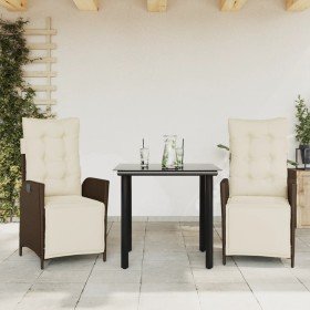 Set comedor de jardín 3 piezas y cojines ratán sintético marrón