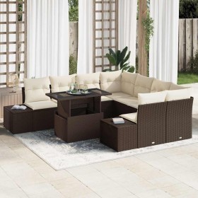 Conjunto de sofá de jardín con cojín 9 pcs Marrón y crema