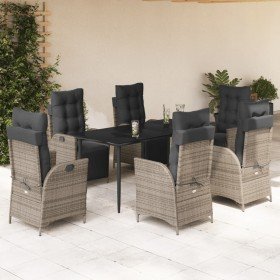 Set comedor jardín 7 pzas y cojines ratán sintético gris