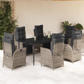 Set comedor jardín 7 pzas y cojines ratán sintético gris