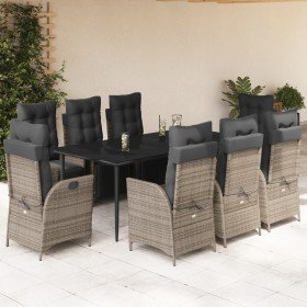 Set comedor jardín 9 pzas y cojines ratán sintético gris