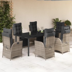 Set comedor jardín 7 pzas y cojines ratán sintético gris