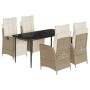 Set comedor de jardín 5 pzas con cojines ratán sintético beige