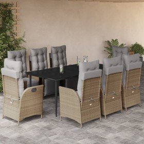 Set comedor de jardín 9 pzas con cojines ratán sintético beige